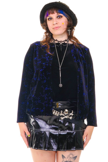 Vintage 90's Midnight Blue Flower Velvet Long-Sleeve - M/L/XL
