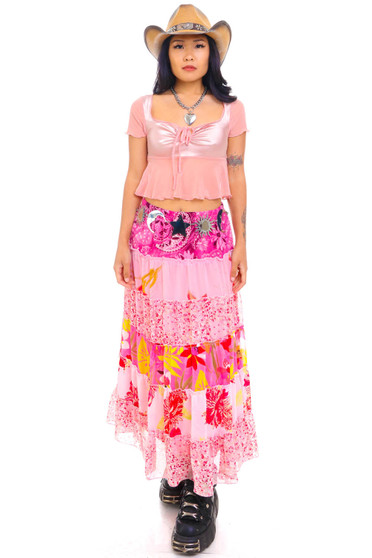 Vintage Y2K Mixed Print Tiered Maxi Skirt