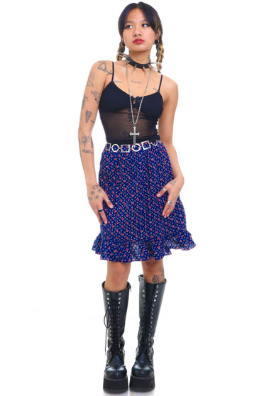 Vintage 70's Navy Floral Ruffle Midi Skirt