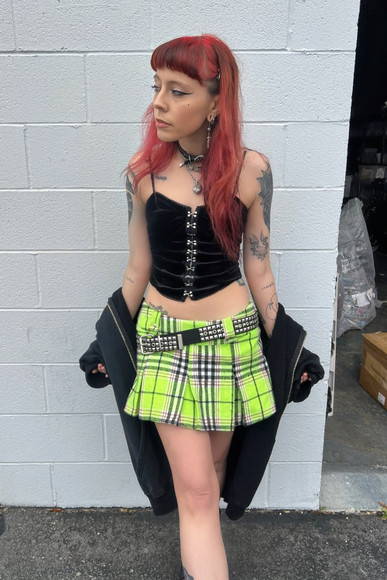 Priscilla Slime Green Plaid Low-Rise Mini Skirt