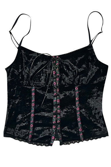 Ria Black Velvet Lace-Up Top