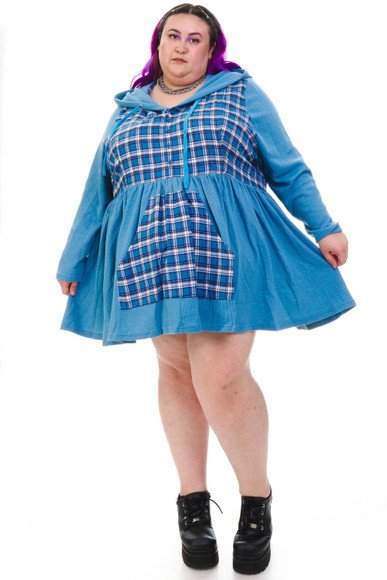 Angela Blue Plaid Hoodie Mini Dress