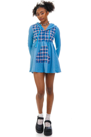 Angela Blue Plaid Hoodie Mini Dress