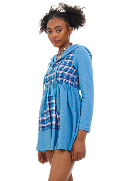 Angela Blue Plaid Hoodie Mini Dress
