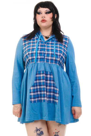 Angela Blue Plaid Hoodie Mini Dress
