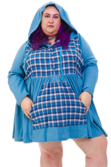Angela Blue Plaid Hoodie Mini Dress