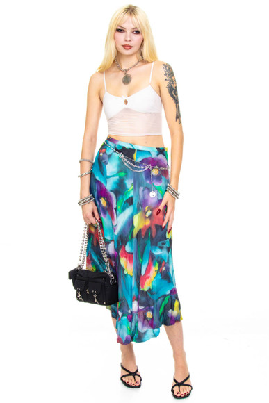 Vintage Y2K Trippy Painted Flower Maxi Skirt - S