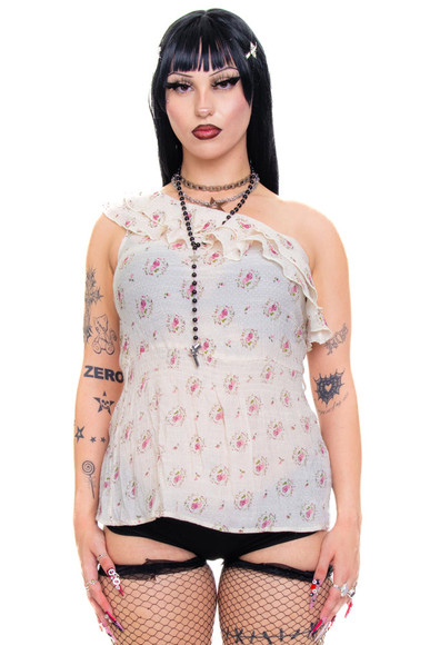 Vintage Y2K One-Shoulder Floral Ruffle Top - M/L