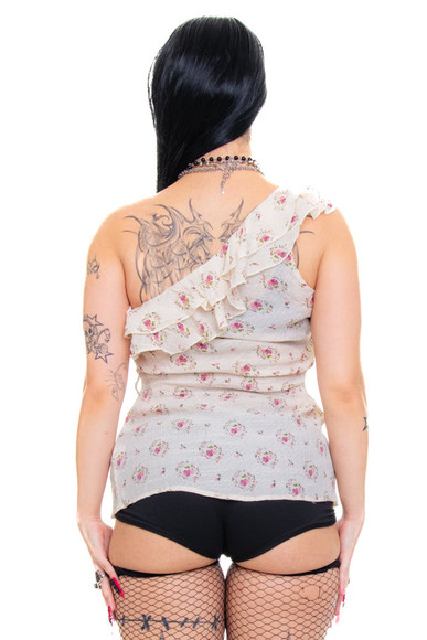 Vintage Y2K One-Shoulder Floral Ruffle Top - M/L