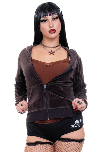 Vintage Y2K Chocolate Brown Velour Hoodie - L