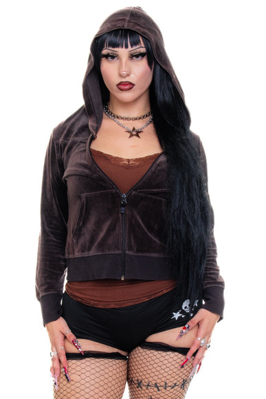 Vintage Y2K Chocolate Brown Velour Hoodie - L