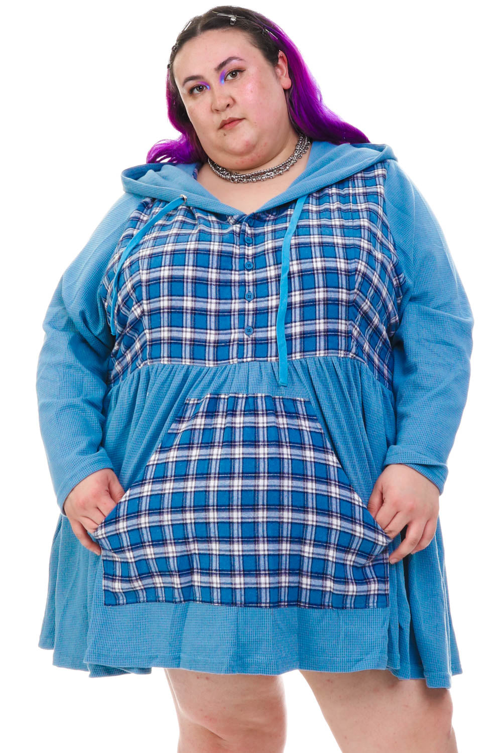 Angela Blue Plaid Hoodie Mini Dress
