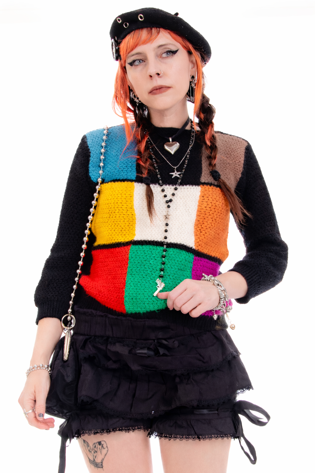 Vintage 70's Rainbow Grid Knit Sweater - XS/S