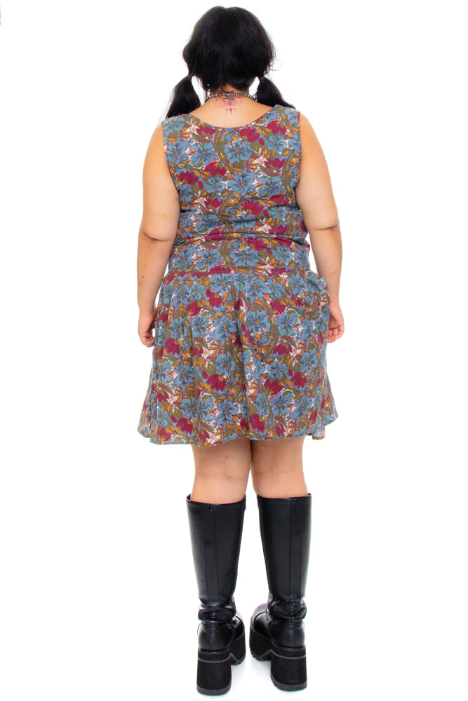 Vintage 80's Blue Floral Drop-Waist Dress - L