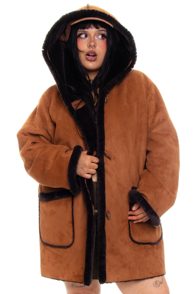 Vintage 90's Hooded Vegan Suede Cozy Jacket - XL