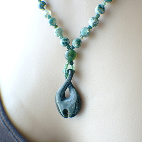 Carved jade infinity necklace green white moss agate 22 inch