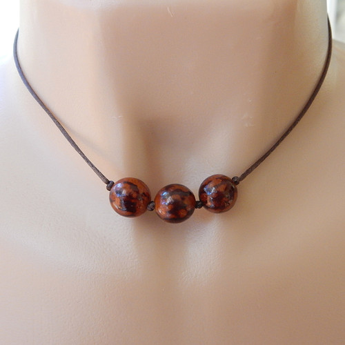 3 tiger gold buri palm nut brown bead necklace chocolate brown satin cord 16 inch