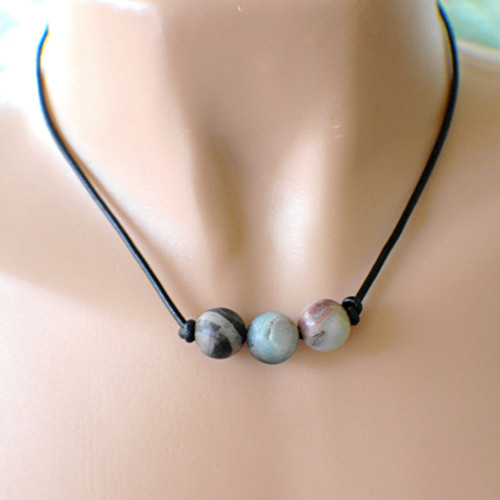 3 bead amazonite gemstone necklace knotted on black leather cord silver 18 inch