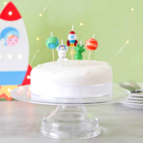 Space birthday cake candles  including an alien, space ship, astronaut and planets - perfect for any astronomy themed party!