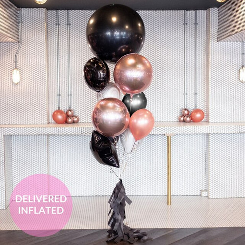 Rose gold and black glamorous birthday party balloons delivered to your door inflated