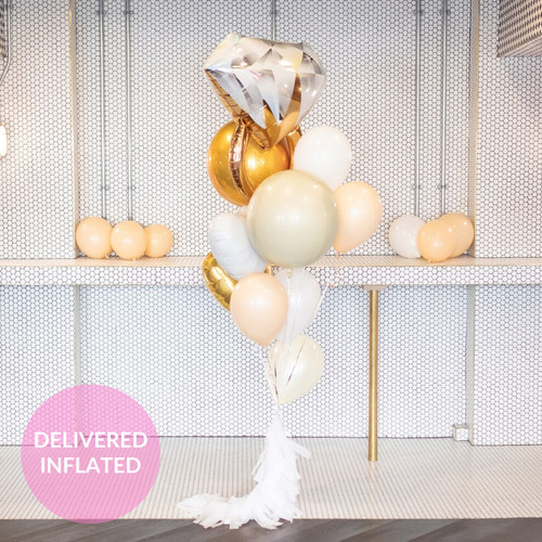 Gold and white chic diamond engagement bunch of balloons delivered for a proposal, party or hen do