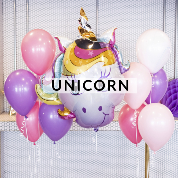 Unicorn themed kids birthday party helium balloons delivered inflated