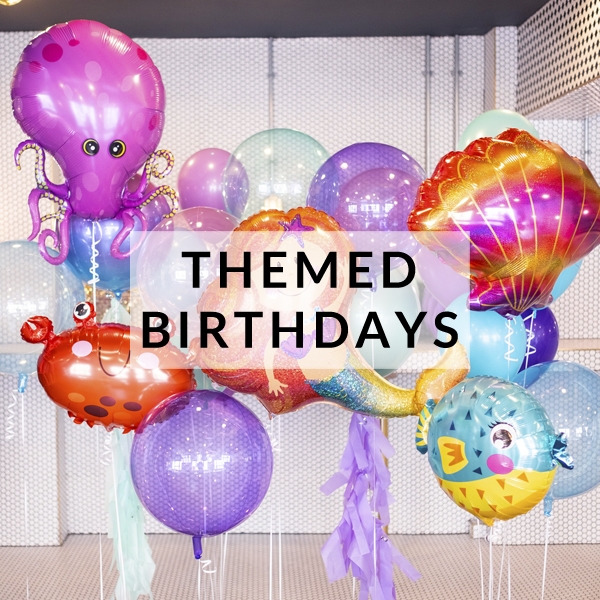 Themed character birthday party helium balloons delivered inflated with helium for dinosaur, mermaid, unicorn themed parties and celebrations!