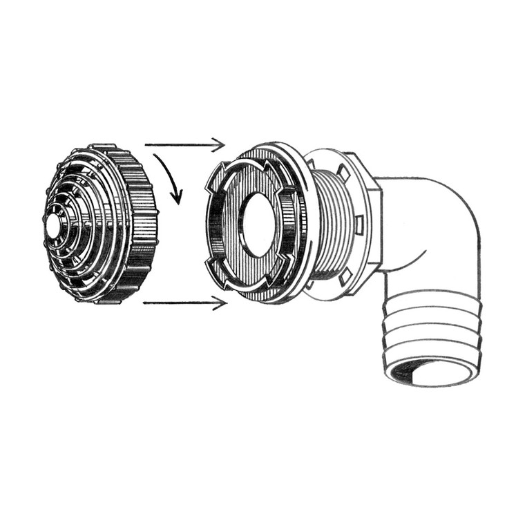 Livewell Overflow Fitting with Twist-Off Filter - 90° 38mm Outlet - 131974