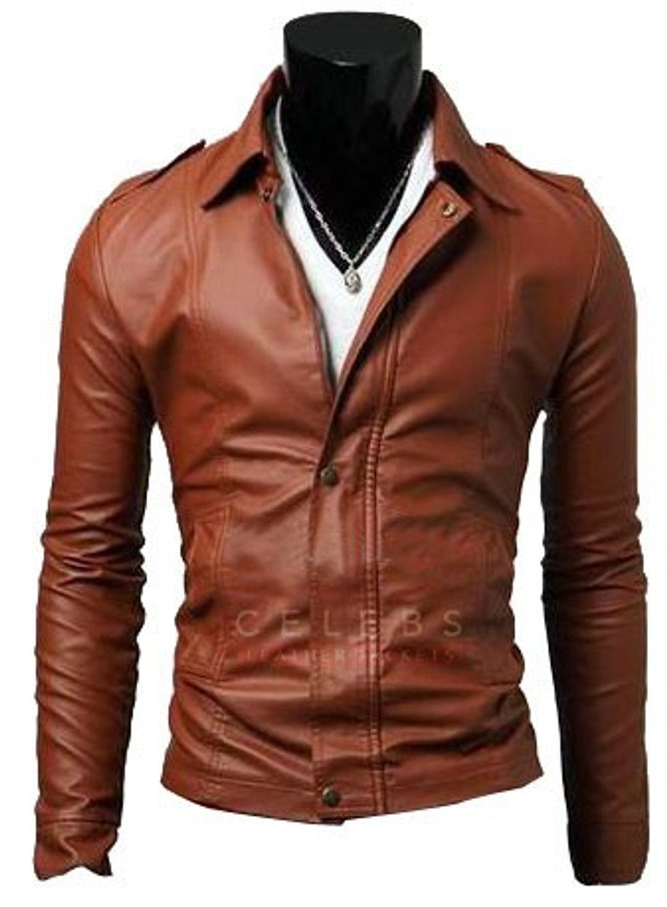 Men's Brown Six Pocket Slim Fit Leather Jacket