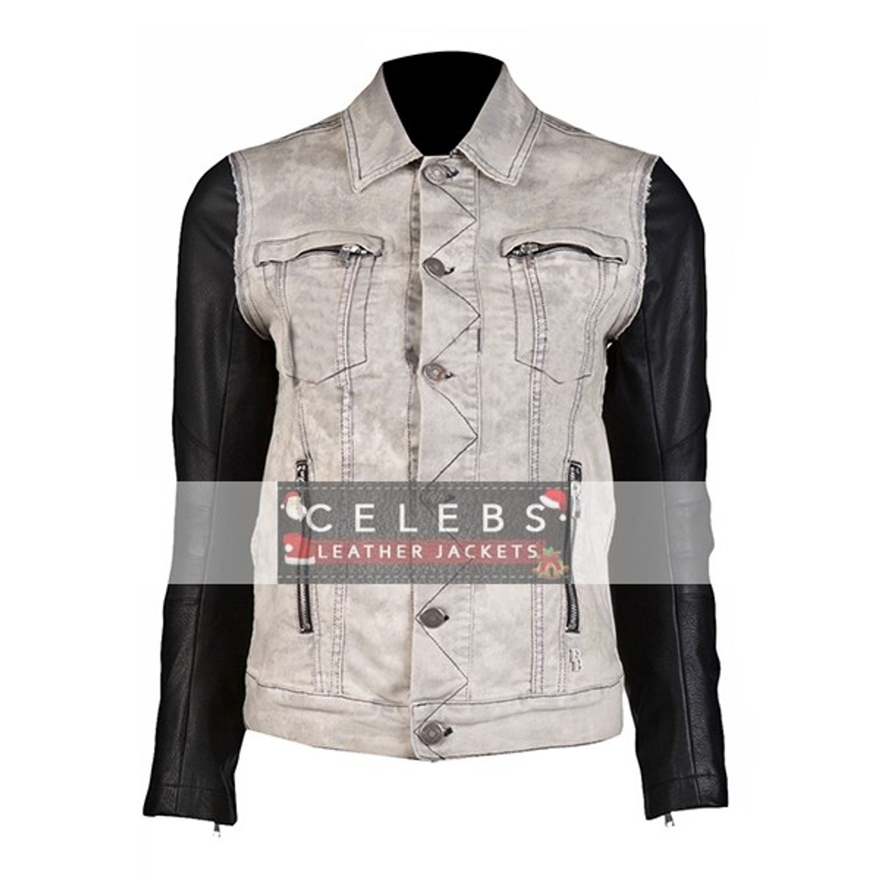 denim jacket with black leather sleeves