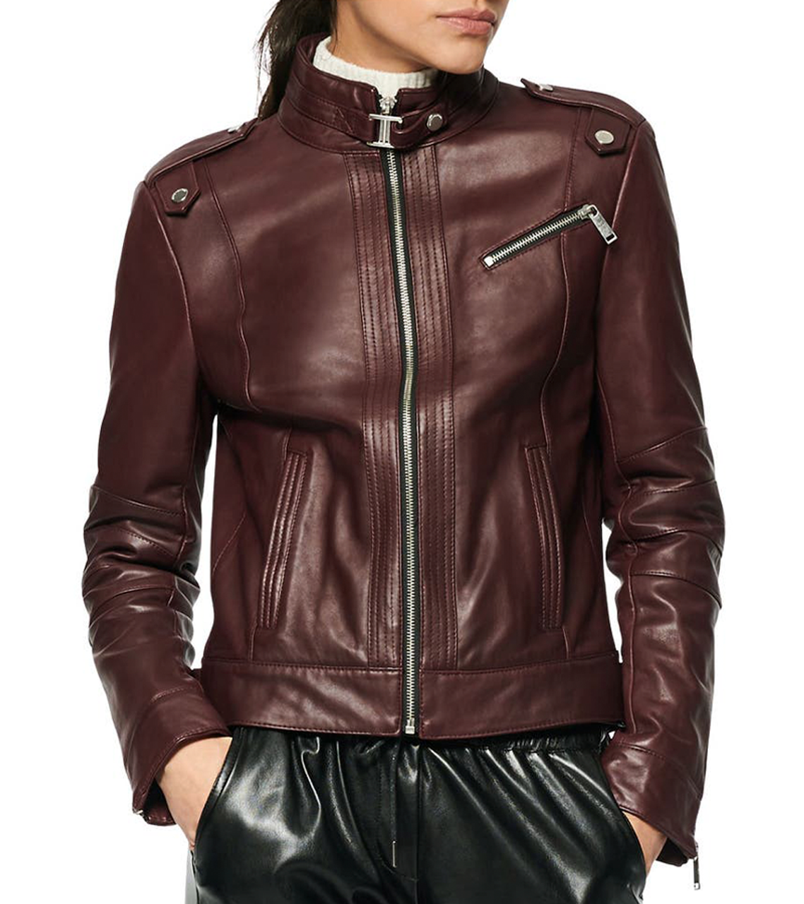 Women's 100 % Real Burgundy Leather Biker Jacket