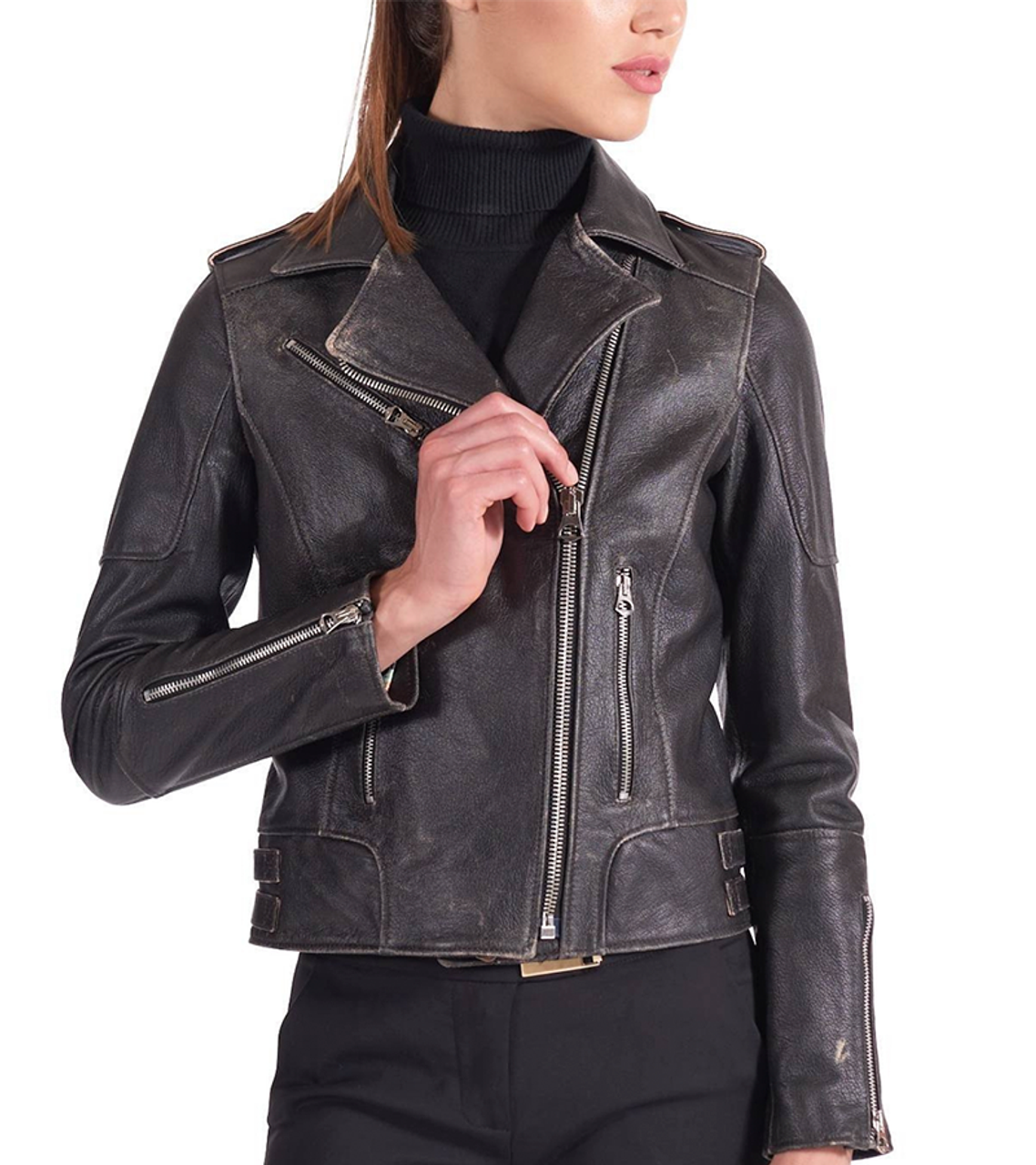 Asymmetrical Women Grey Motorcycle Leather Jacket