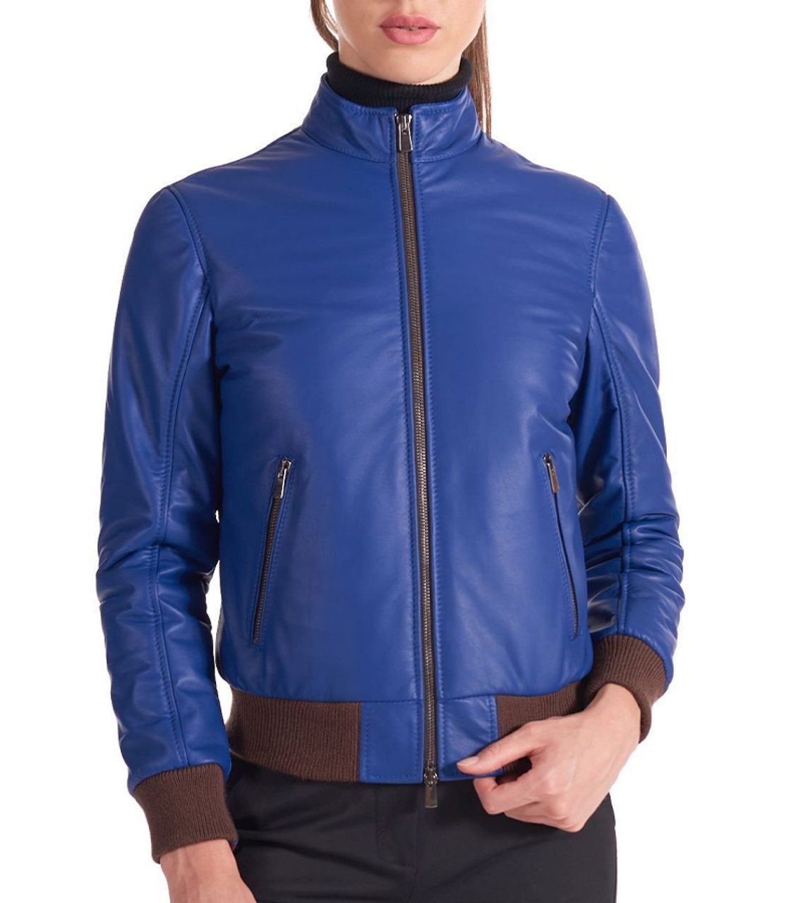 Womens Blue Stylish Leather Bomber Jacket