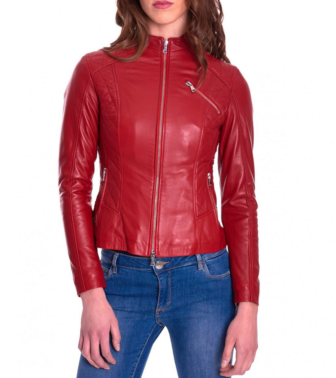 Women Quilted Red Biker Leather Jacket