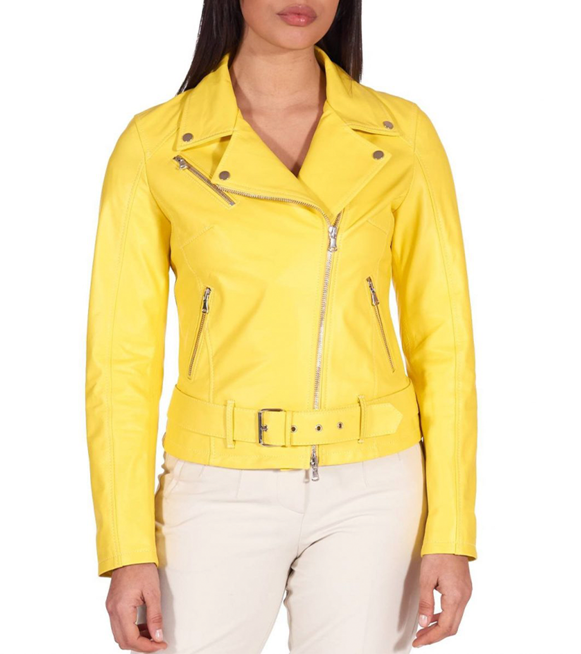 Dodge Yellow Cafe Racer Leather Jacket for Women