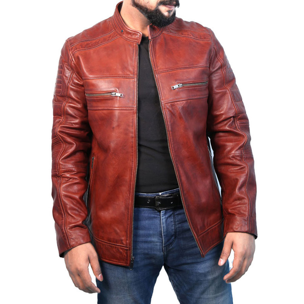 Cafe Racer Real Lambskin Leather Distressed Motorcycle Jacket