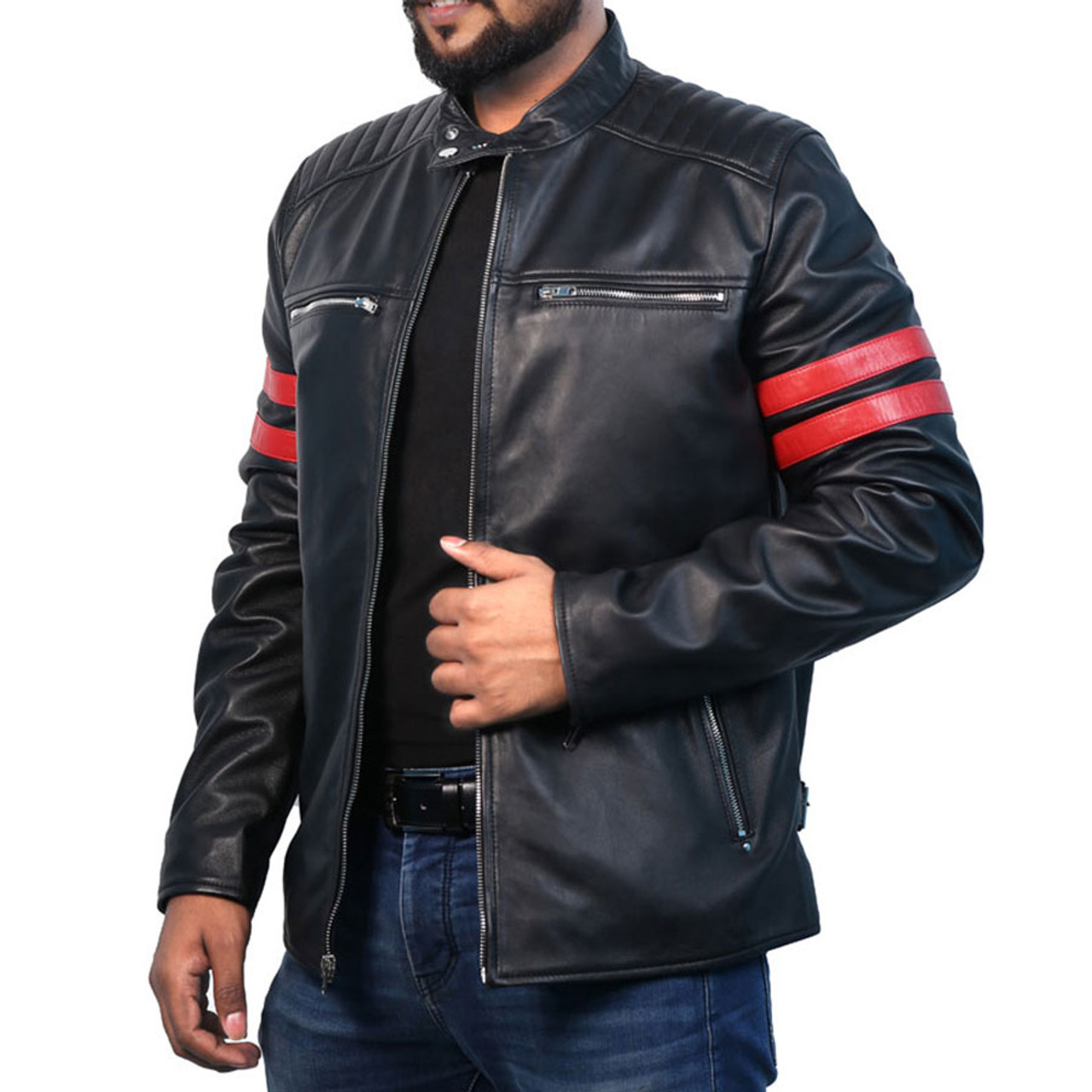 Cafe Racer Red Striped Real Lambskin Leather Jacket For Men