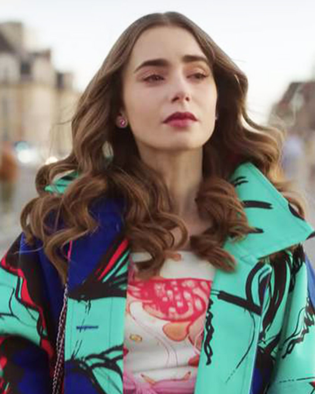 Emily In Paris TV Series S02 Lily Collins Blue Printed Coat Emily In Paris TV Series S02 Lily Collins Blue Printed Coat