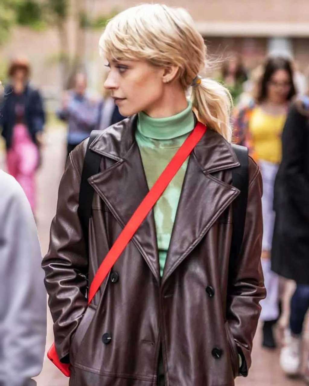 Irina Shayk Double Breasted Red Leather Coat