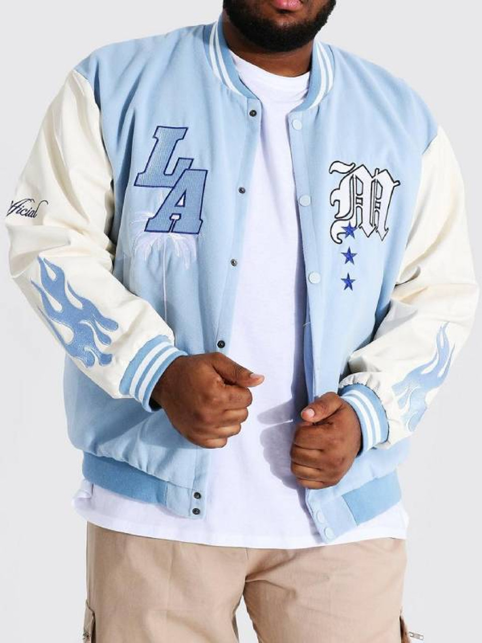 Men's Snap Tab Closure Green and White Varsity Jacket - Jackets