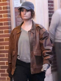 Lily James Relay Movie 2025 Sarah Brown Bomber Leather Jacket