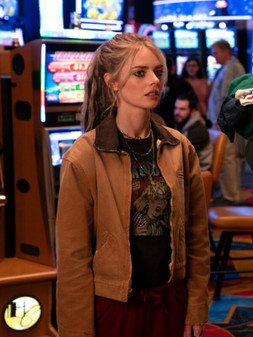 Edie Eenie Meanie 2025 Samara Weaving Brown Cropped Jacket