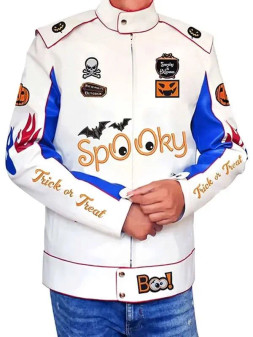 Spooky Trick Or Treat Pumkin Halloween White Motorcycle Leather Jacket