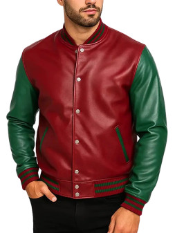 Winter Men’s Maroon and Green Varsity Real Leather Jacket