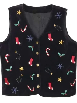 Embroidered Christmas Velvet Vest