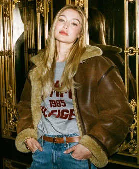 Gigi Hadid Tommy Hilfiger Aviator Leather Jacket for women