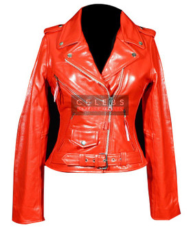 Ladies Brando Red Cowhide Leather Jacket 1
