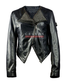 Womens Black Studded Biker Leather Jacket 1