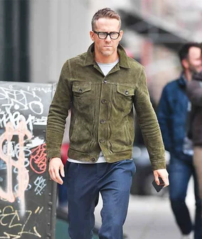 Red Notice Ryan Reynolds Green Suede Leather Jacket