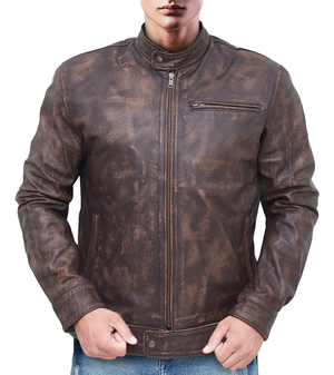 Mens Faded Brown Distressed Leather Jacket